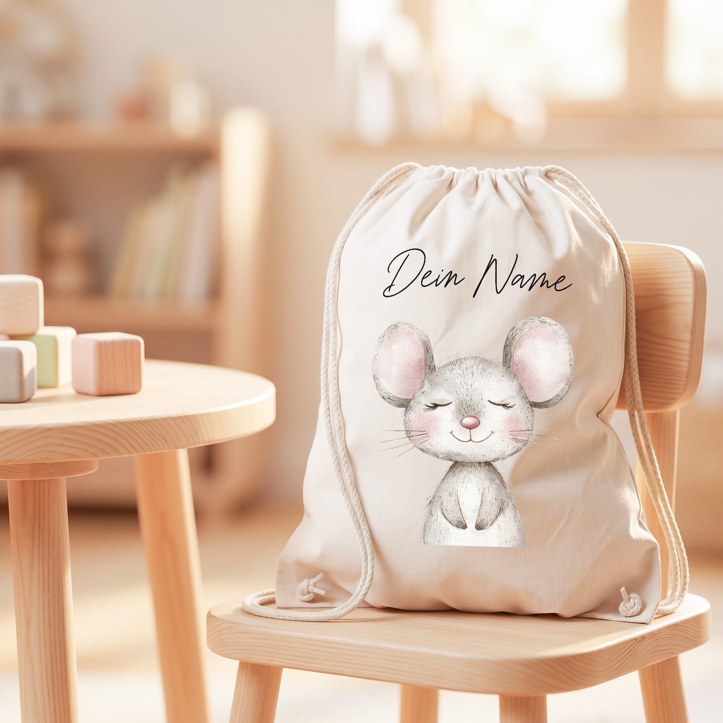 Maus Turnbeutel Kinder personalisierter Sportbeutel für Kindergarten & Kita Stoffbeutel mit Kordelzug