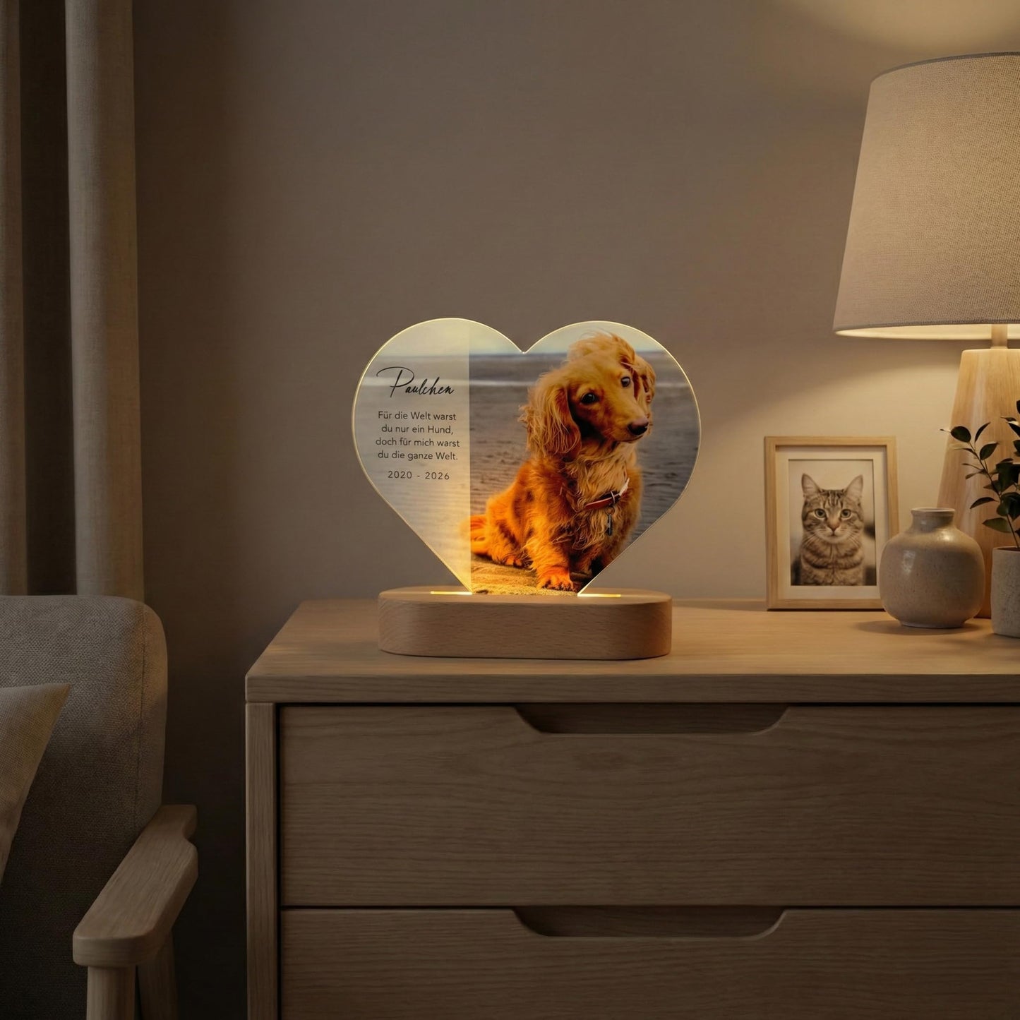Gedenktafel Andenken an verstorbene Hunde LED-Lampe aus Acrylglas mit Foto Geschenk für Katzenbesitzer mit Holzfuß [Energieklasse A]