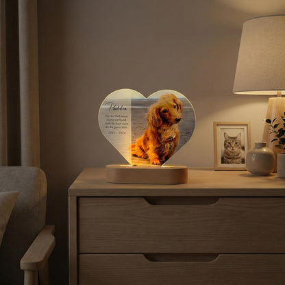 Gedenktafel Andenken an verstorbene Hunde LED-Lampe aus Acrylglas mit Foto Geschenk für Katzenbesitzer mit Holzfuß [Energieklasse A]