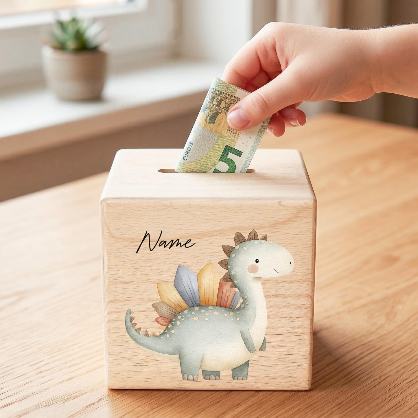 Spardose Dino für Jungen personalisierte Sparbox aus Holz Sparschwein für Kinder V5