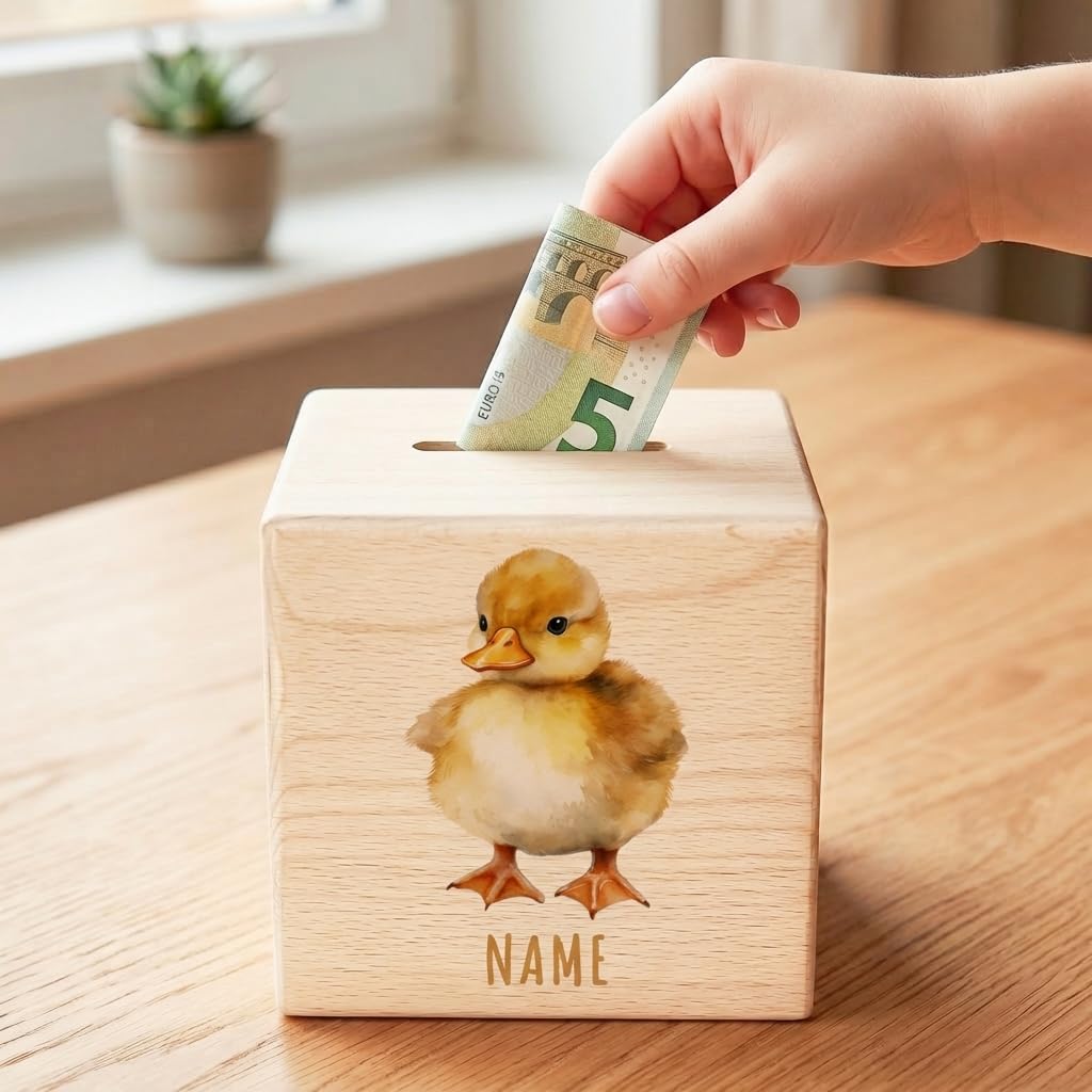Ente Spardose für Kinder personalisiert Sparbox aus Holz Sparschwein mit Schlüssel Taufgeschenk für Jungen und Mädchen