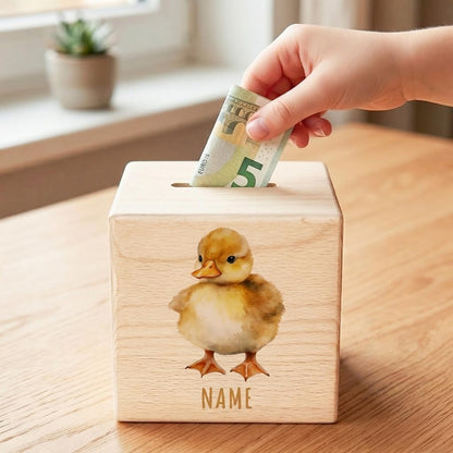 Ente Spardose für Kinder personalisiert Sparbox aus Holz Sparschwein mit Schlüssel Taufgeschenk für Jungen und Mädchen