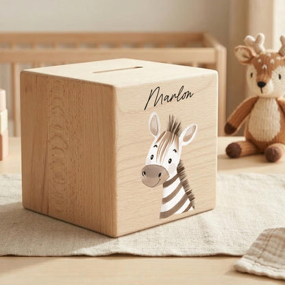 Spardose für Kinder Zebra personalisiert Safari Tiere Sparbox aus Holz Sparschwein mit Schlüssel Taufgeschenk für Jungen & Mädchen
