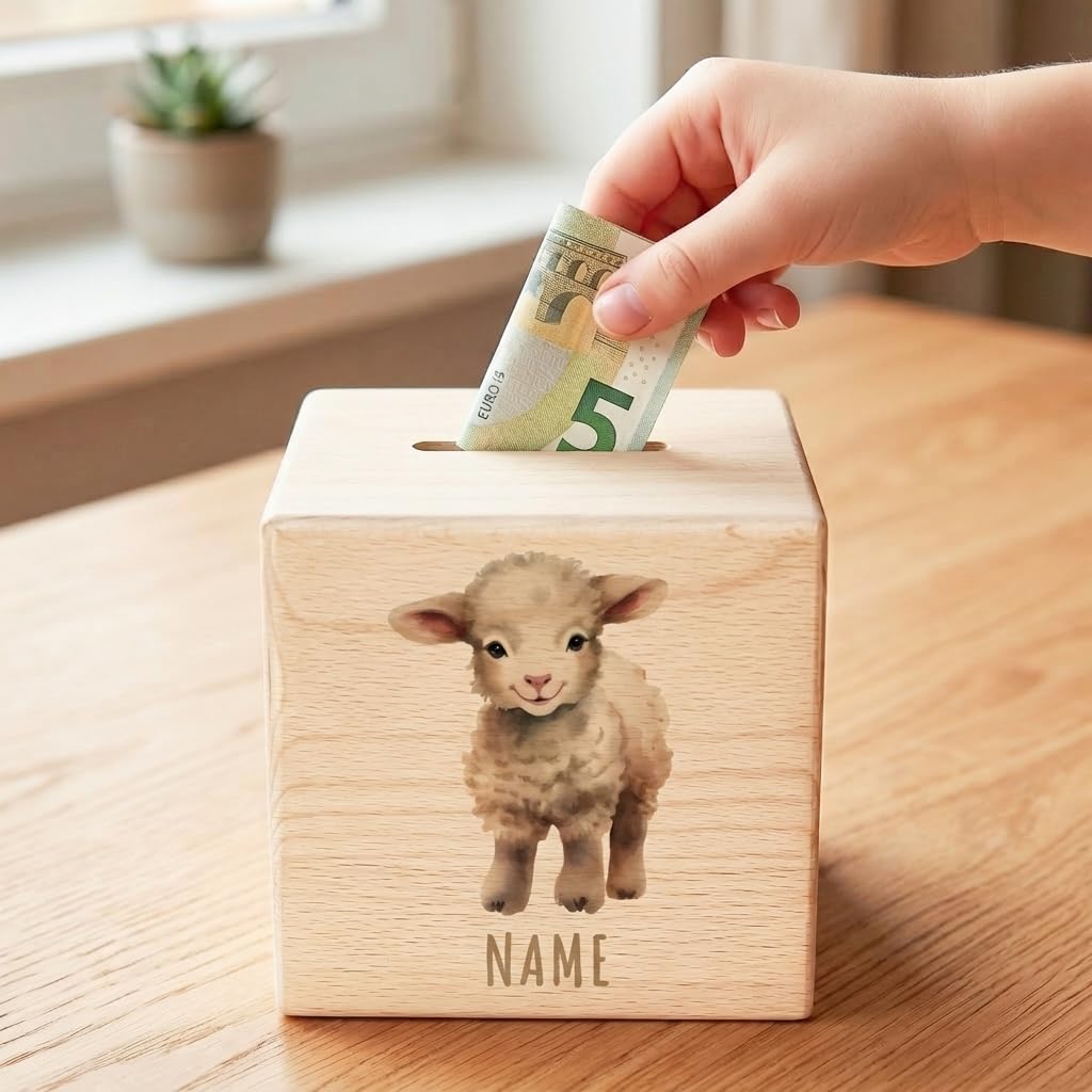 Schaf Spardose für Kinder personalisiert Sparbox aus Holz Sparschwein mit Schlüssel Taufgeschenk für Jungen und Mädchen