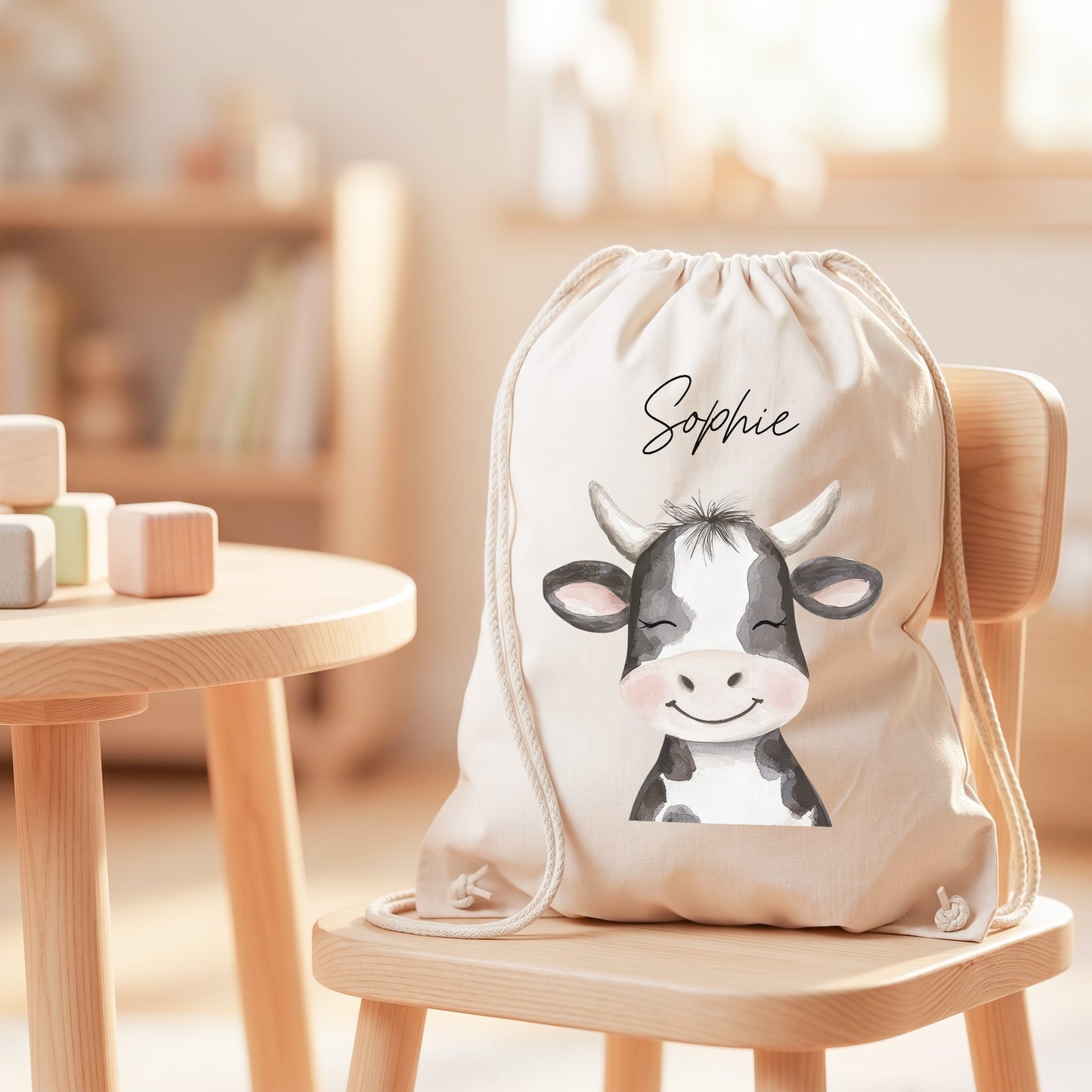 Kuh Turnbeutel Kinder personalisierter Sportbeutel für Kindergarten & Kita Stoffbeutel mit Kordelzug