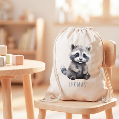 Waschbär Turnbeutel Kinder personalisierter Sportbeutel für den Kindergarten Stoffbeutel mit Kordelzug