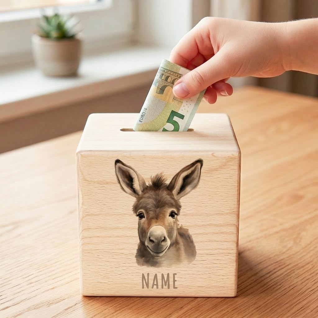 Esel Spardose für Kinder personalisiert Sparbox aus Holz Sparschwein mit Schlüssel Taufgeschenk für Jungen und Mädchen