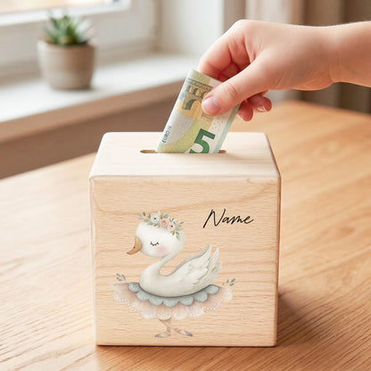 Spardose für Mädchen personalisierte Sparbox aus Holz mit Gans Geldgeschenk für Kinder