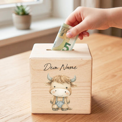 Bulle Spardose für Kinder aus Holz personalisierte Sparbox Holzspardose mit Schlüssel als Geldgeschenk