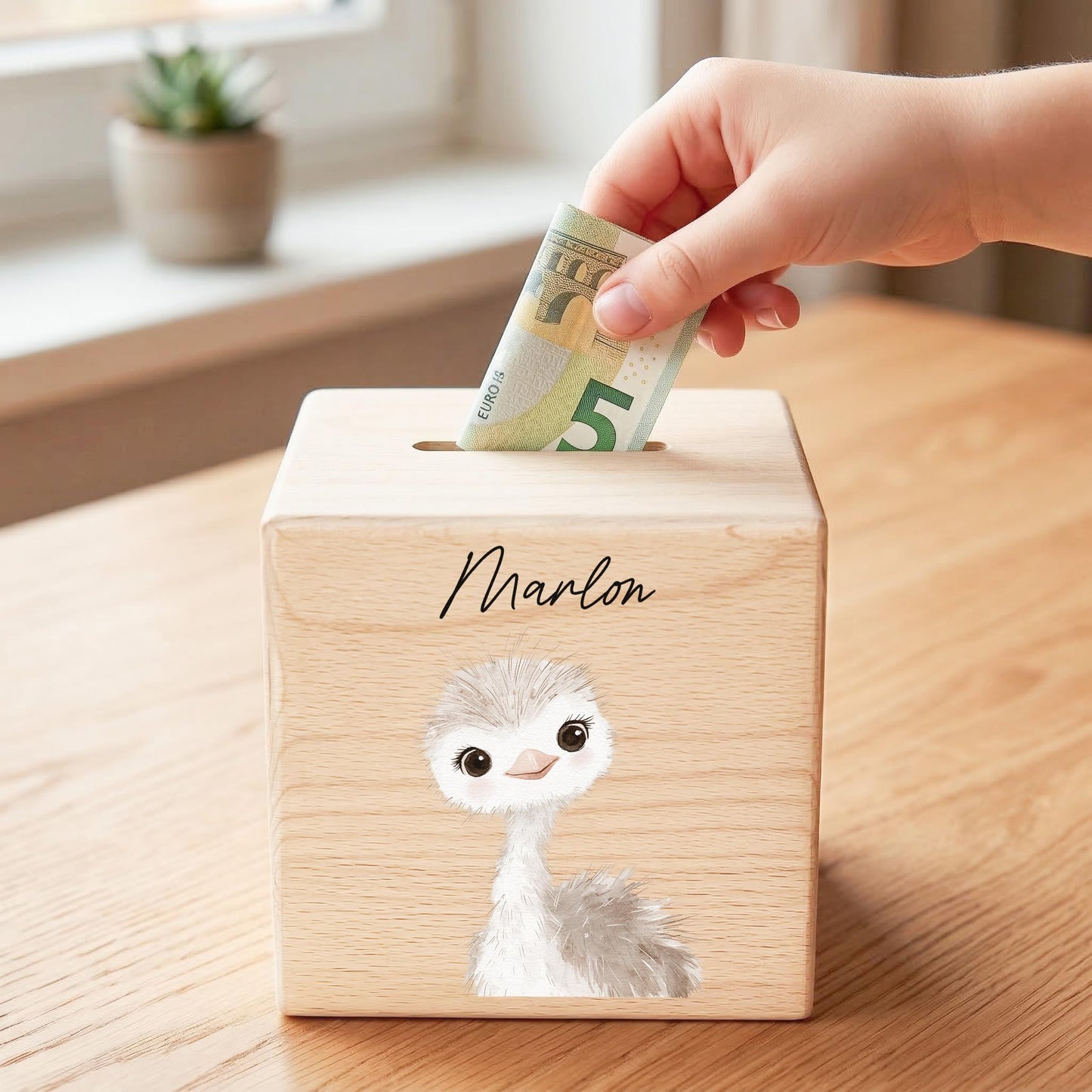 Spardose für Kinder Strauß personalisiert Safari Tiere Sparbox aus Holz Sparschwein mit Schlüssel Taufgeschenk für Jungen & Mädchen
