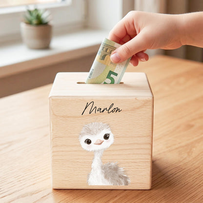 Spardose für Kinder Strauß personalisiert Safari Tiere Sparbox aus Holz Sparschwein mit Schlüssel Taufgeschenk für Jungen & Mädchen