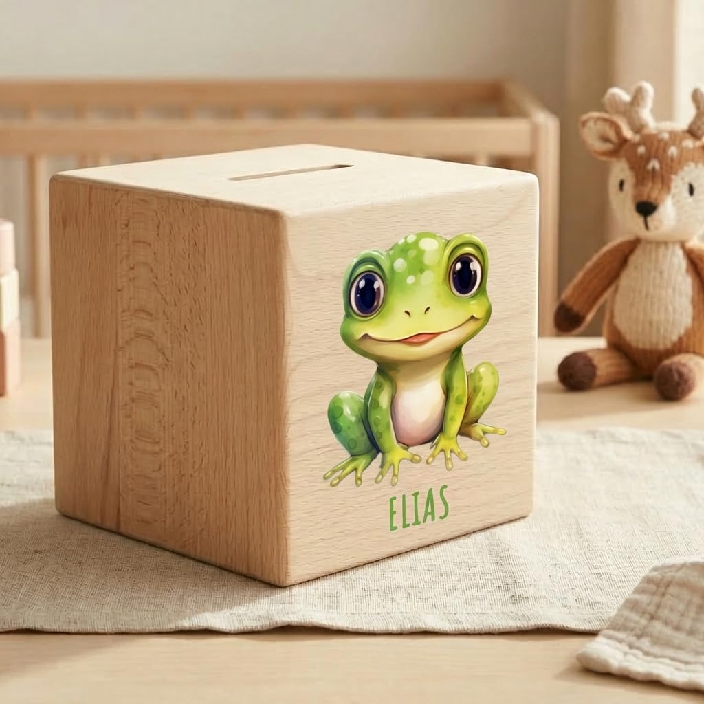 Frosch Spardose für Kinder personalisiert Sparbox aus Holz Sparschwein mit Schlüssel Taufgeschenk für Jungen und Mädchen