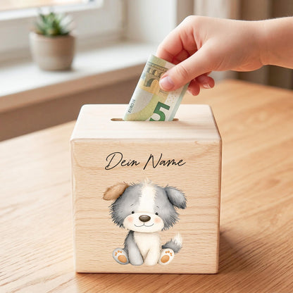 Hund Spardose für Kinder aus Holz personalisierte Sparbox Holzspardose mit Schlüssel als Geldgeschenk