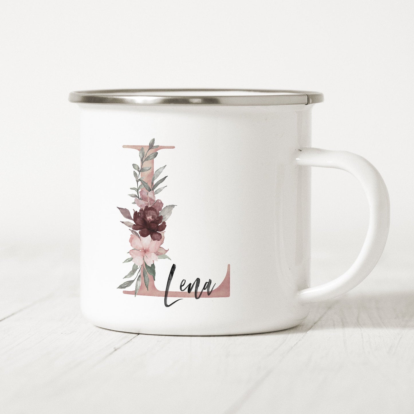 Emaille Tasse Personalisiert Buchstabe Name Blumen Namensgeschenk Becher