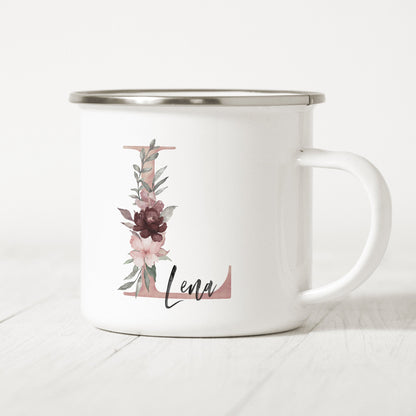 Emaille Tasse Personalisiert Buchstabe Name Blumen Namensgeschenk Becher