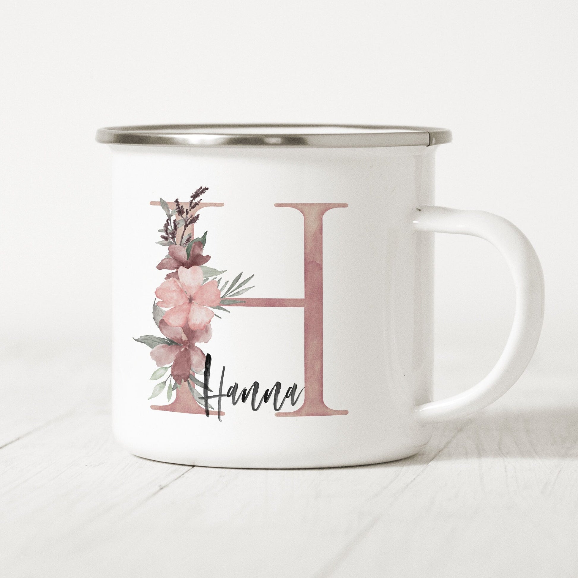 Emaille Tasse Personalisiert Buchstabe Name Blumen Namensgeschenk Becher