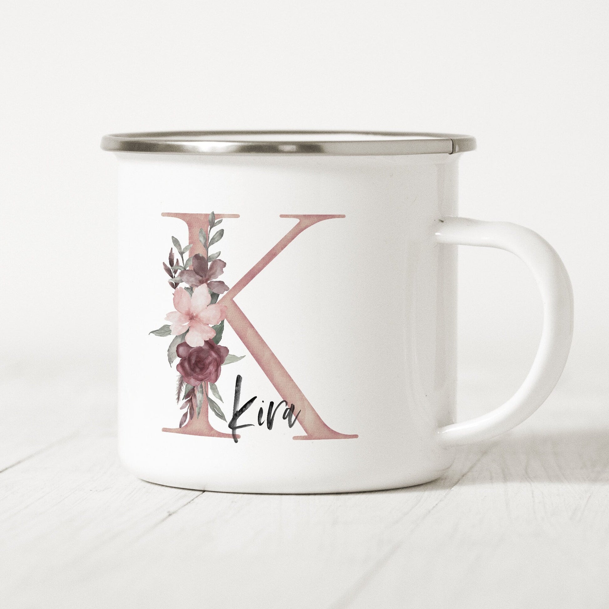 Emaille Tasse Personalisiert Buchstabe Name Blumen Namensgeschenk Becher