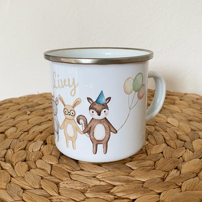 Emaille Tasse Kinder Personalisiert Namenstasse Kindertasse Waldtiere Tiere Personalisiertes Geschenk Namensgeschenk
