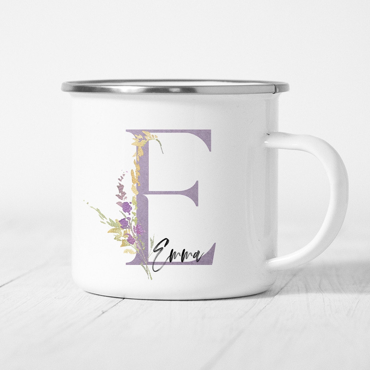 Emaille Tasse Personalisiert Flieder Lila Floral Buchstabe Name Blumen Becher Namensgeschenk Geschenk