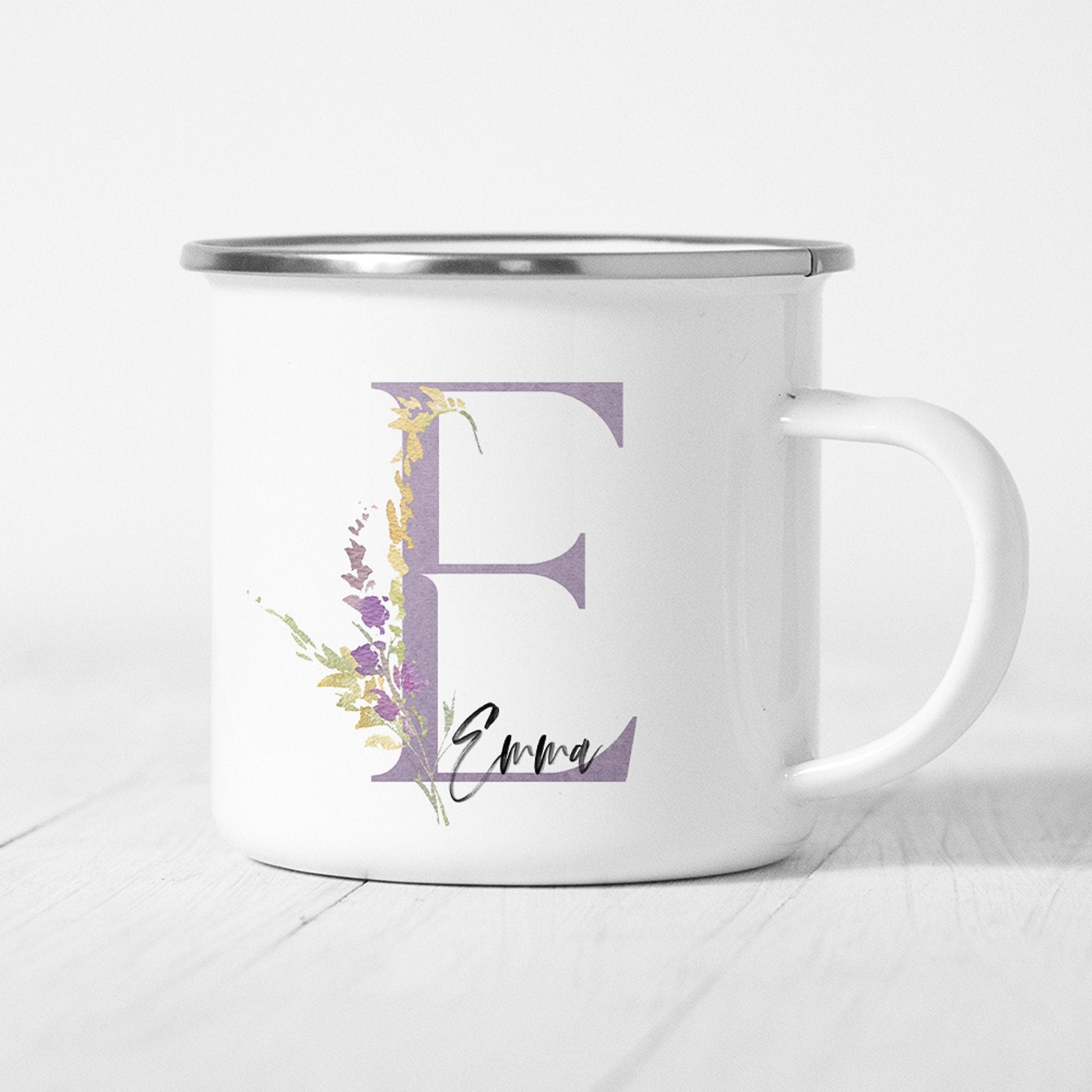 Emaille Tasse Personalisiert Flieder Lila Floral Buchstabe Name Blumen Becher Namensgeschenk Geschenk