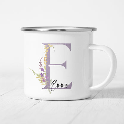 Emaille Tasse Personalisiert Flieder Lila Floral Buchstabe Name Blumen Becher Namensgeschenk Geschenk