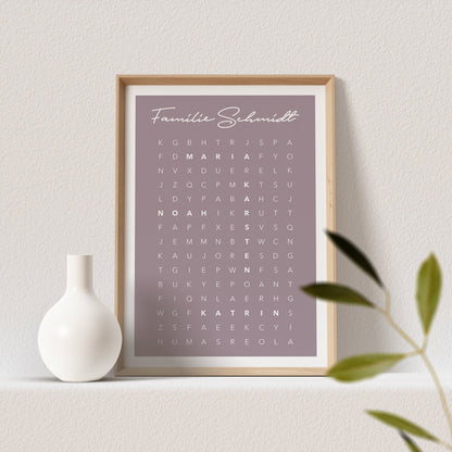 Suchsel Familienposter Personalisiert Familie Poster Buchstabenrätsel Kreuzworträtsel Bild Geschenk | Farbe nach Wunsch