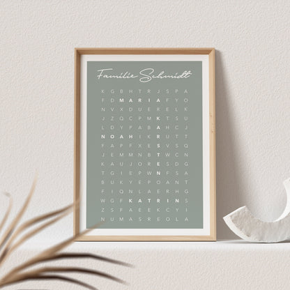 Suchsel Familienposter Personalisiert Familie Poster Buchstabenrätsel Kreuzworträtsel Bild Geschenk | Farbe nach Wunsch