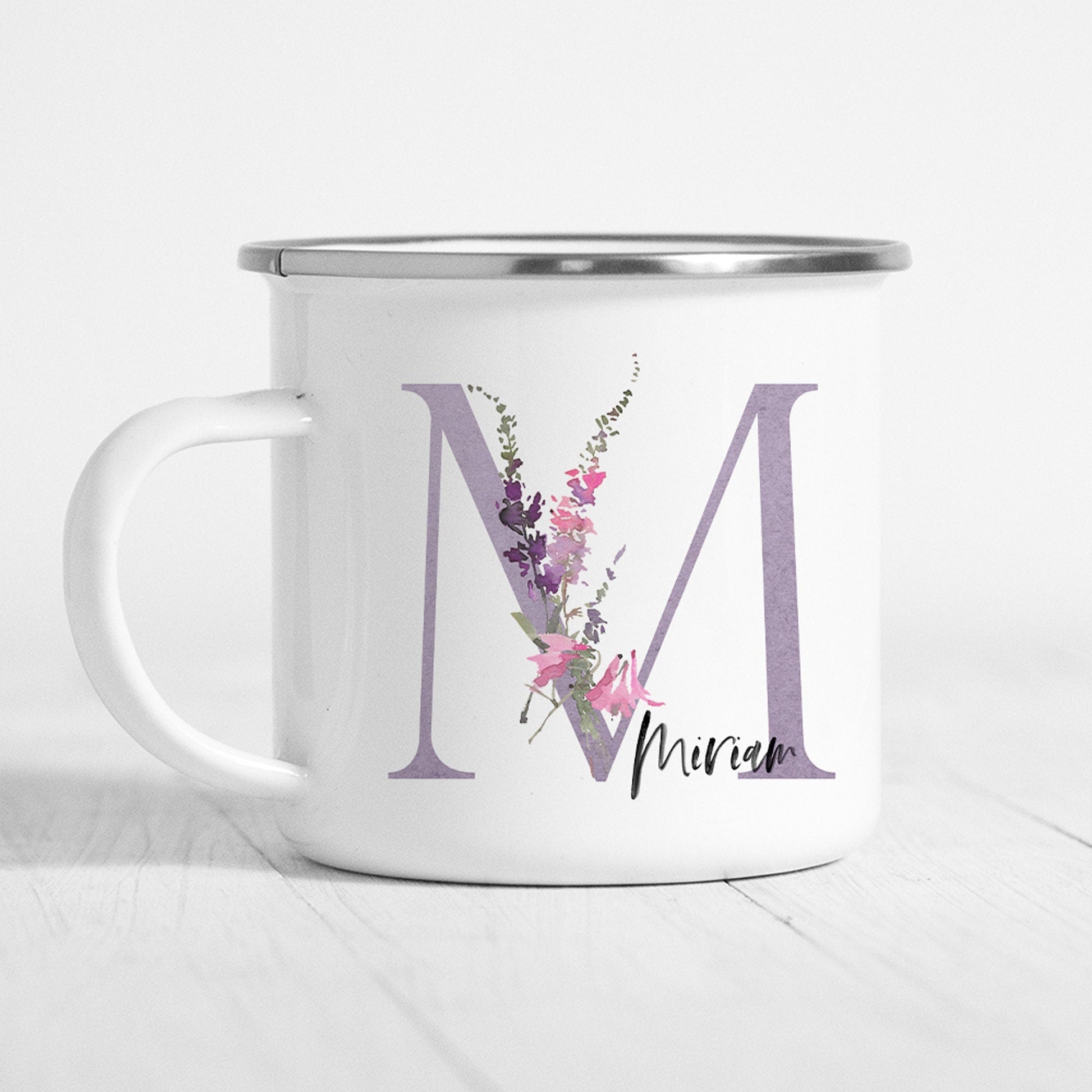 Emaille Tasse Personalisiert Flieder Lila Floral Buchstabe Name Blumen Becher Namensgeschenk Geschenk