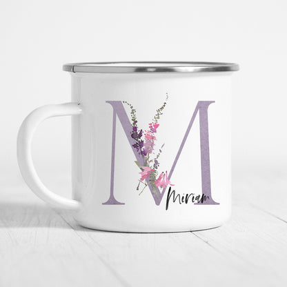 Emaille Tasse Personalisiert Flieder Lila Floral Buchstabe Name Blumen Becher Namensgeschenk Geschenk