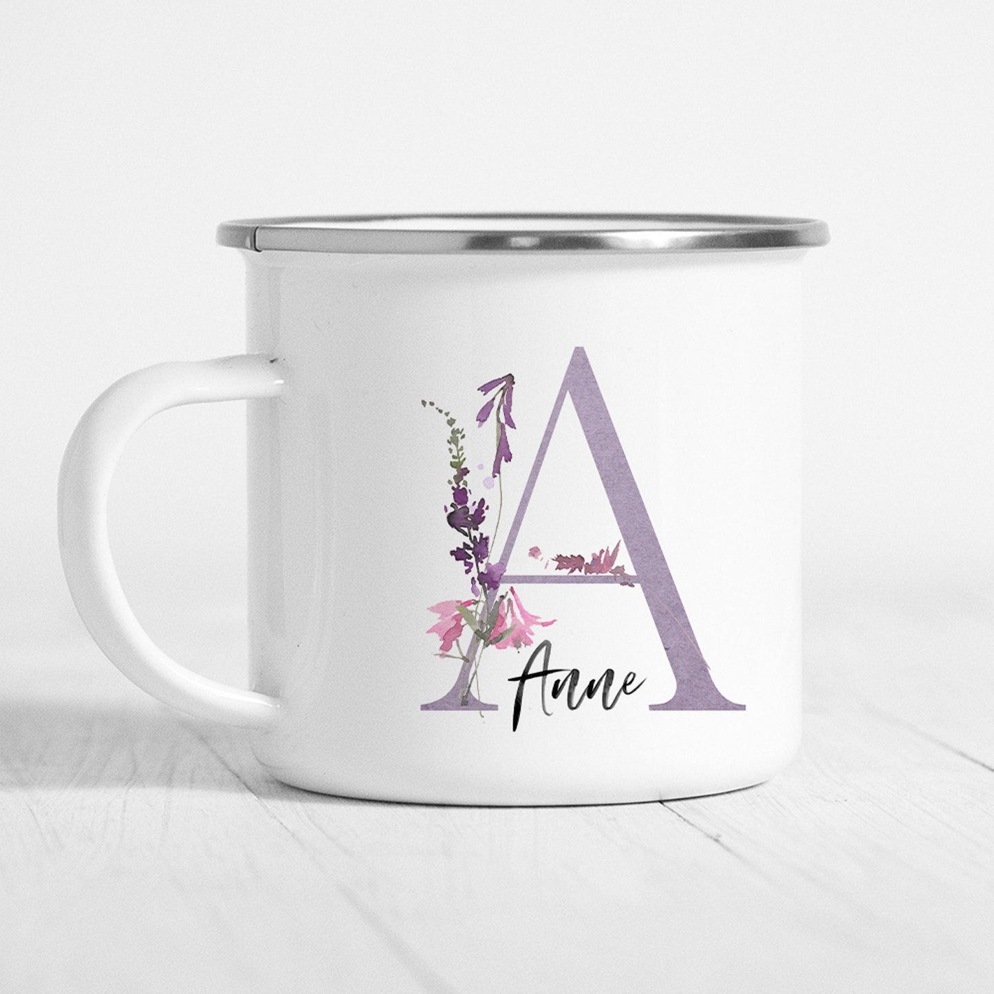 Emaille Tasse Personalisiert Flieder Lila Floral Buchstabe Name Blumen Becher Namensgeschenk Geschenk