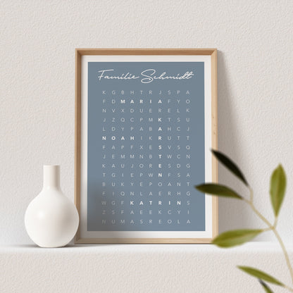 Suchsel Familienposter Personalisiert Familie Poster Buchstabenrätsel Kreuzworträtsel Bild Geschenk | Farbe nach Wunsch