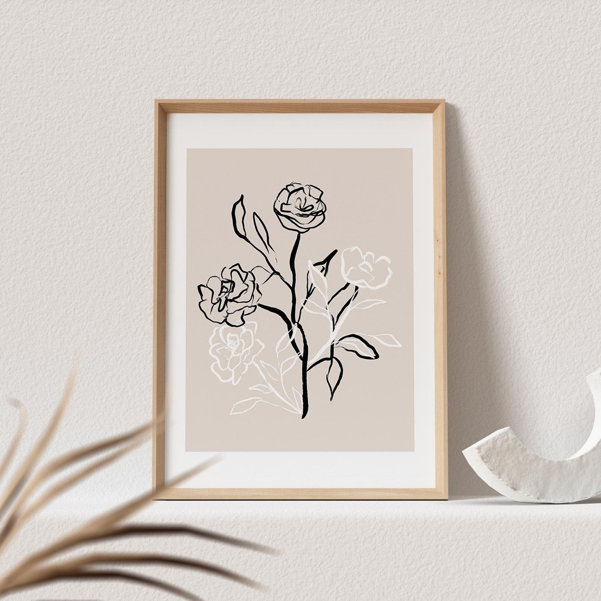 Boho Wanddekoration Abstrakter Kunstdruck in Beige mit Blumen Floraler Print Bild Wandkunst Wanddeko