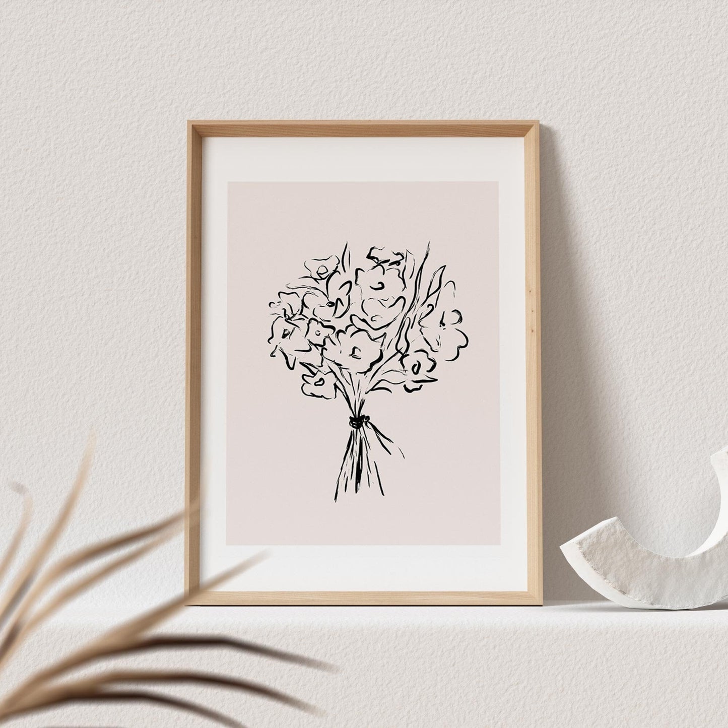 Boho Wanddekoration Abstrakter Kunstdruck in Beige mit Blumenstrauß Floraler Print Bild Wandkunst Wanddeko