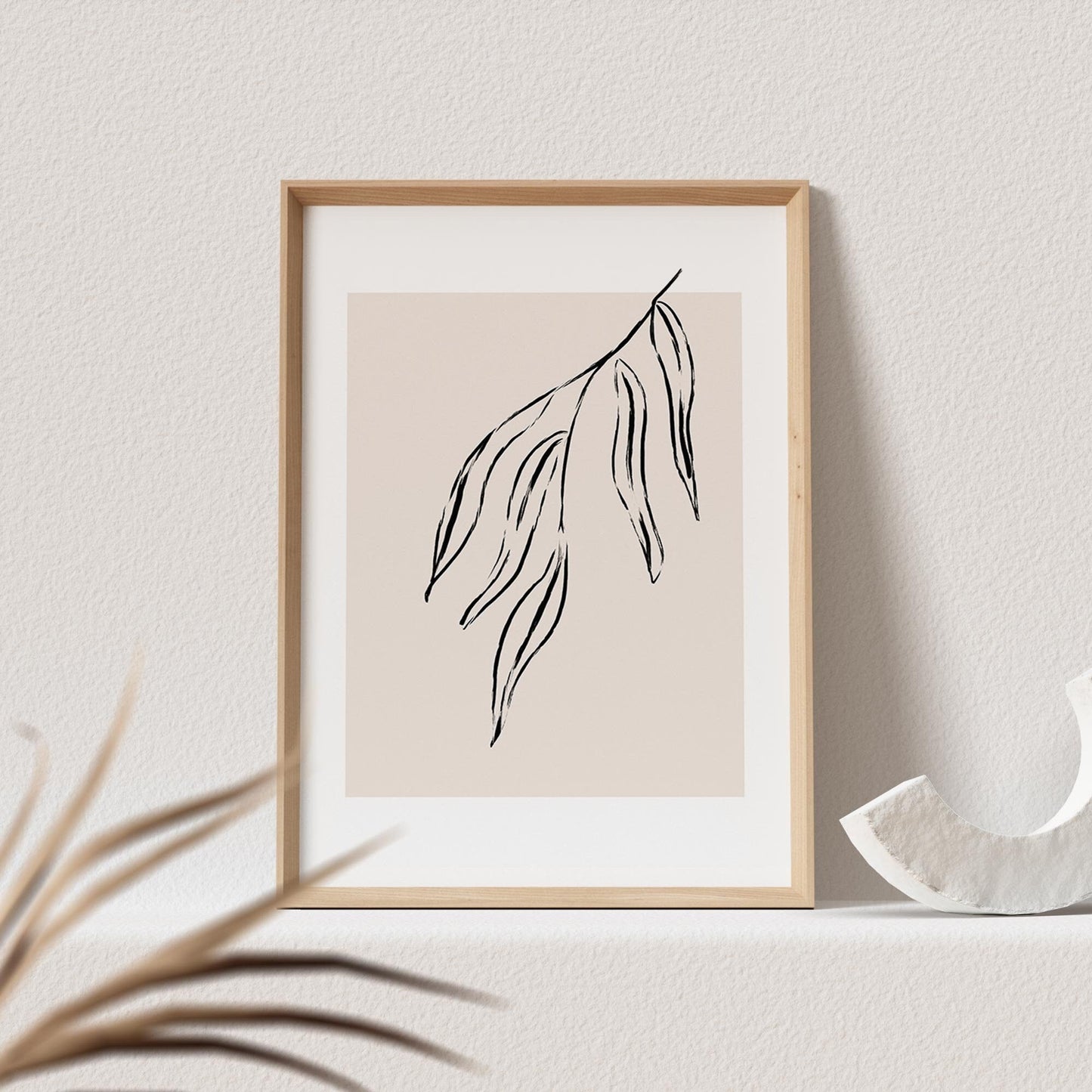 Boho Wanddekoration Abstrakter Kunstdruck in Beige mit Ast und Blätter Floraler Print Bild Wandkunst Wanddeko