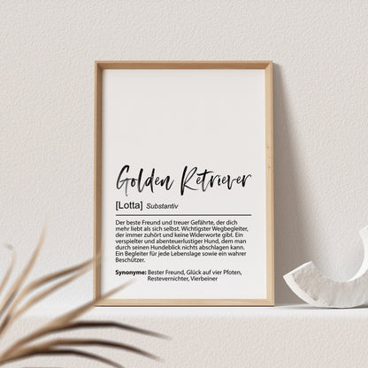 Golden Retriever Geschenk Hundeposter Personalisiert Hundebild Definition Hunde Geschenk für Hundebesitzer (OHNE RAHMEN)