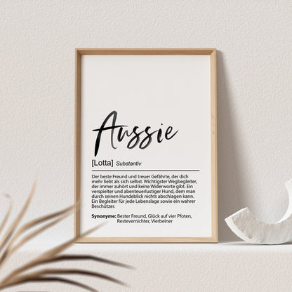 Australian Shepherd Geschenk Hundeposter Personalisiert Aussie Hundebild Definition Hunde Geschenk für Hundebesitzer (OHNE RAHMEN)