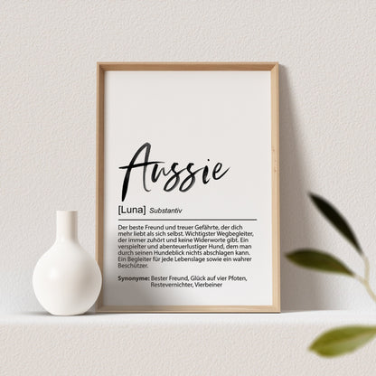 Australian Shepherd Geschenk Hundeposter Personalisiert Aussie Hundebild Definition Hunde Geschenk für Hundebesitzer (OHNE RAHMEN)