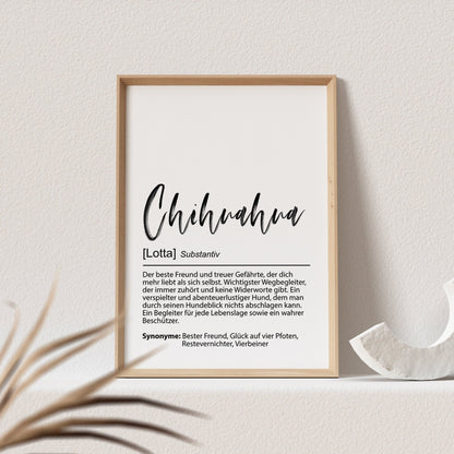 Chihuahua Geschenk Hundeposter Personalisiert Hundebild Definition Hunde Geschenk für Hundebesitzer (OHNE RAHMEN)