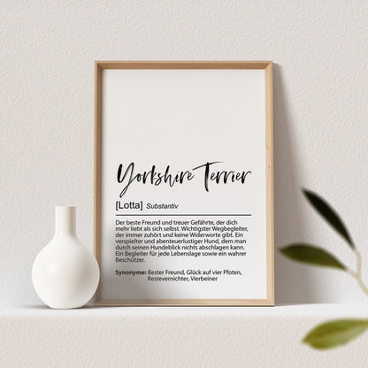 Yorkshire Terrier Geschenk Hundeposter Personalisiert Hundebild Definition Hunde Geschenk für Hundebesitzer (OHNE RAHMEN)
