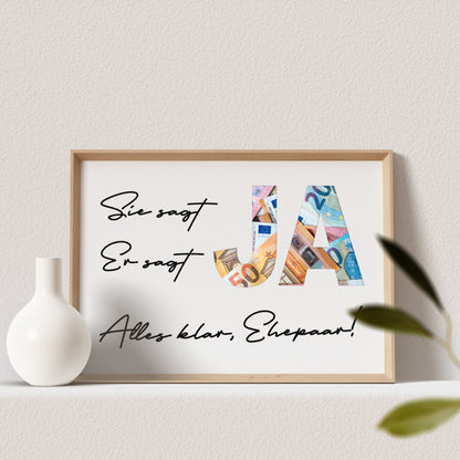 Hochzeitsgeschenk Hochzeitsposter Personalisierbar Geldgeschenk Hochzeit Poster JA Geschenk Hochzeit (OHNE RAHMEN)