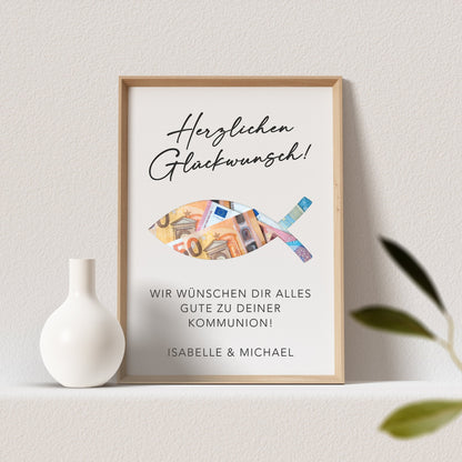 Geldgeschenk Kommunion Personalisiert Poster Fisch Bild Geld Geschenk (OHNE RAHMEN)