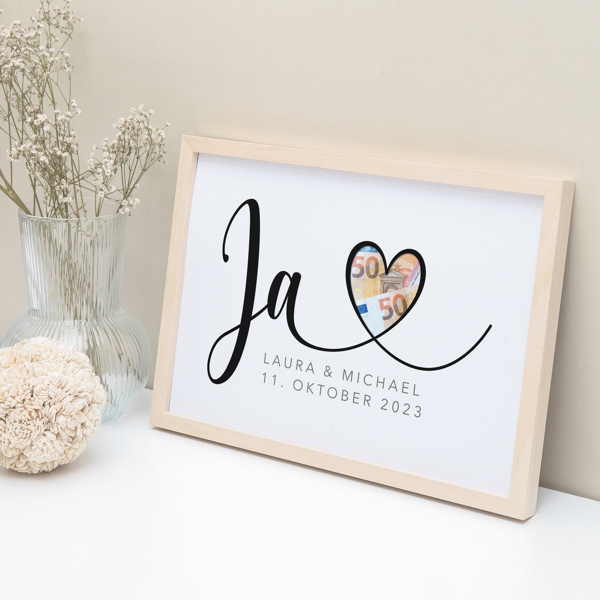 Hochzeitsgeschenk Geldgeschenk Zur Hochzeit Personalisierbares Poster "JA" Geld Geschenk