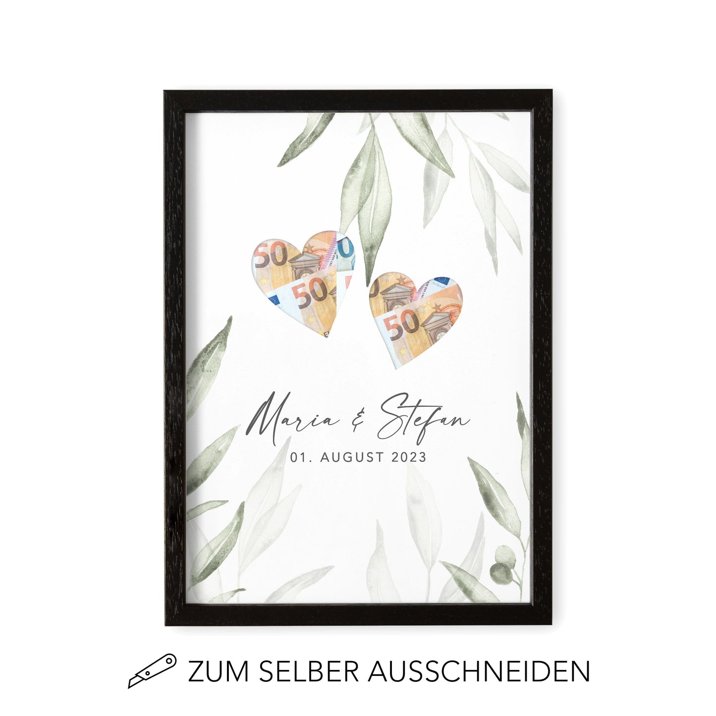 Geldgeschenk Hochzeit Personalisierbares Poster Mit Herzen & Olivenblätter Hochzeitsgeschenk Geld