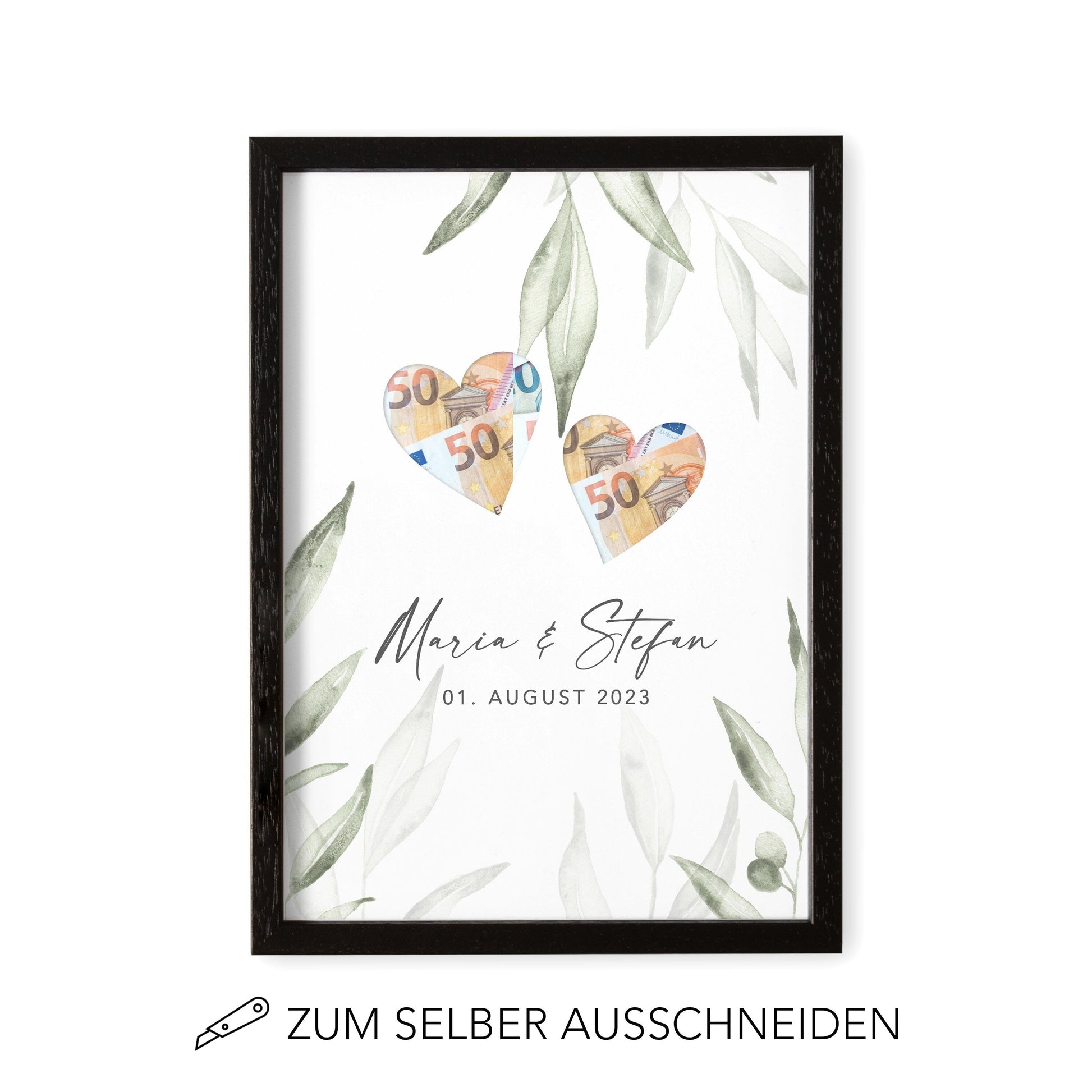 Geldgeschenk Hochzeit Personalisierbares Poster Mit Herzen & Olivenblätter Hochzeitsgeschenk Geld
