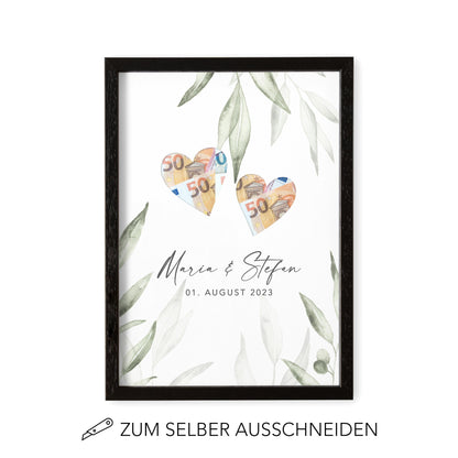 Geldgeschenk Hochzeit Personalisierbares Poster Mit Herzen & Olivenblätter Hochzeitsgeschenk Geld