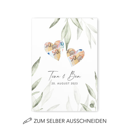Geldgeschenk Hochzeit Personalisierbares Poster Mit Herzen & Olivenblätter Hochzeitsgeschenk Geld