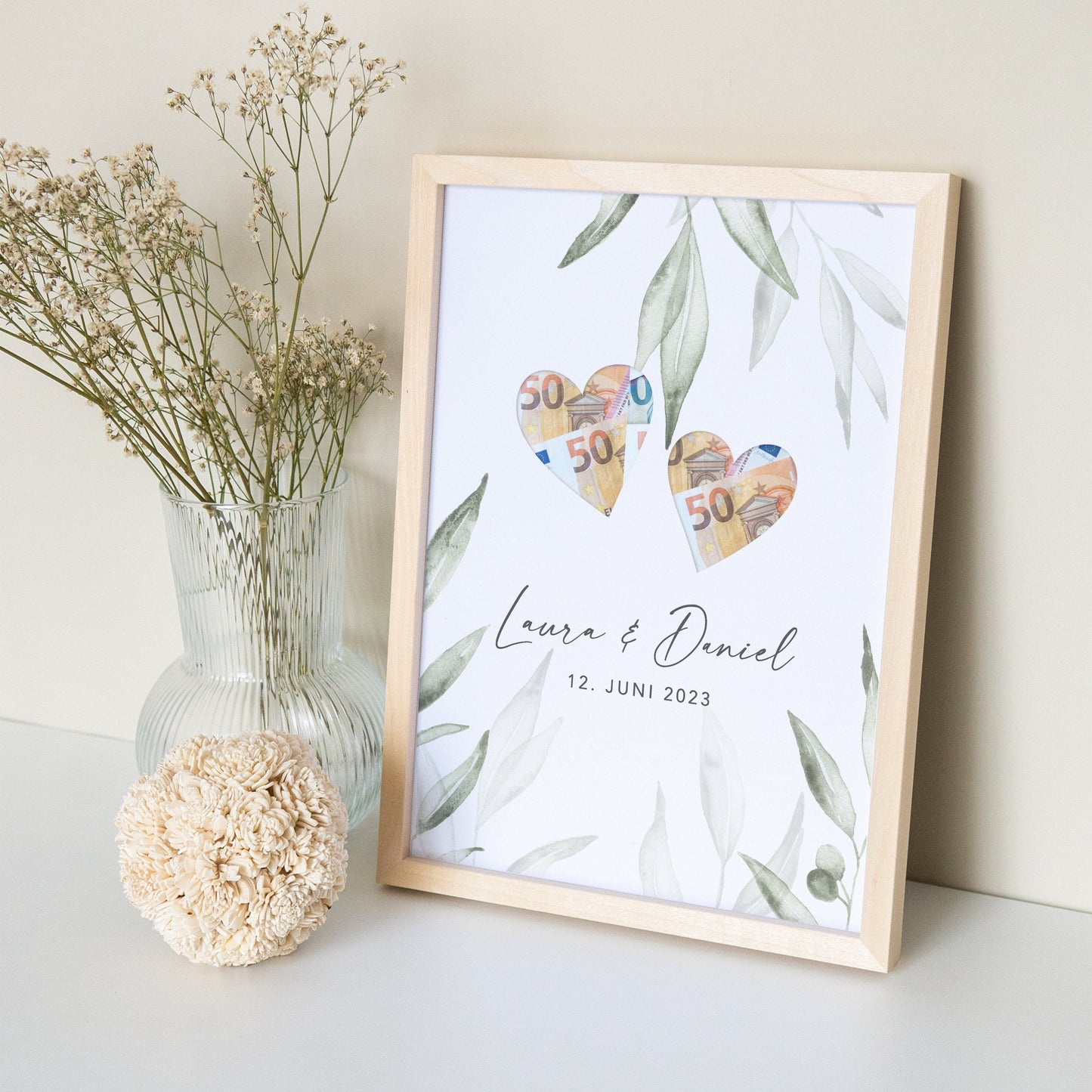 Geldgeschenk Hochzeit Personalisierbares Poster Mit Herzen & Olivenblätter Hochzeitsgeschenk Geld