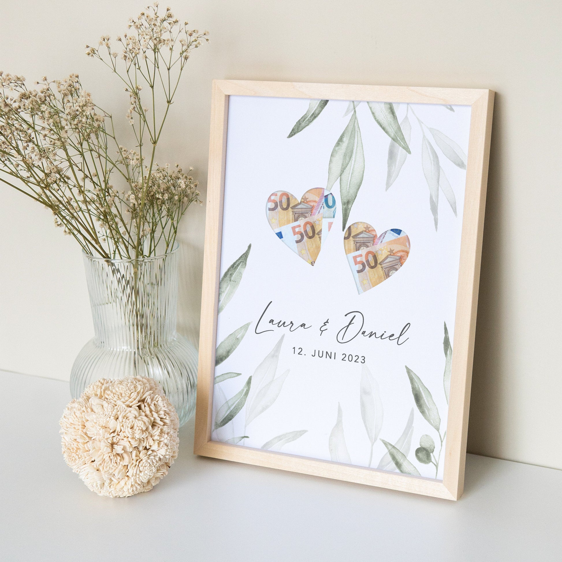Geldgeschenk Hochzeit Personalisierbares Poster Mit Herzen & Olivenblätter Hochzeitsgeschenk Geld