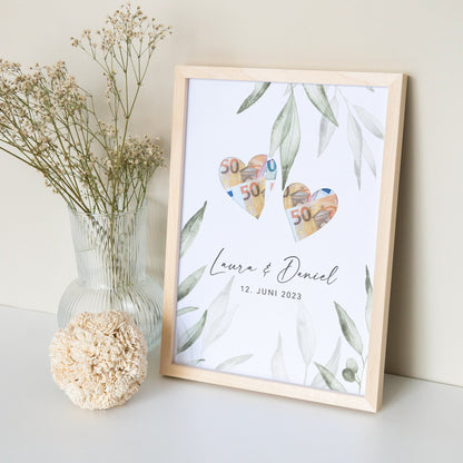 Geldgeschenk Hochzeit Personalisierbares Poster Mit Herzen & Olivenblätter Hochzeitsgeschenk Geld