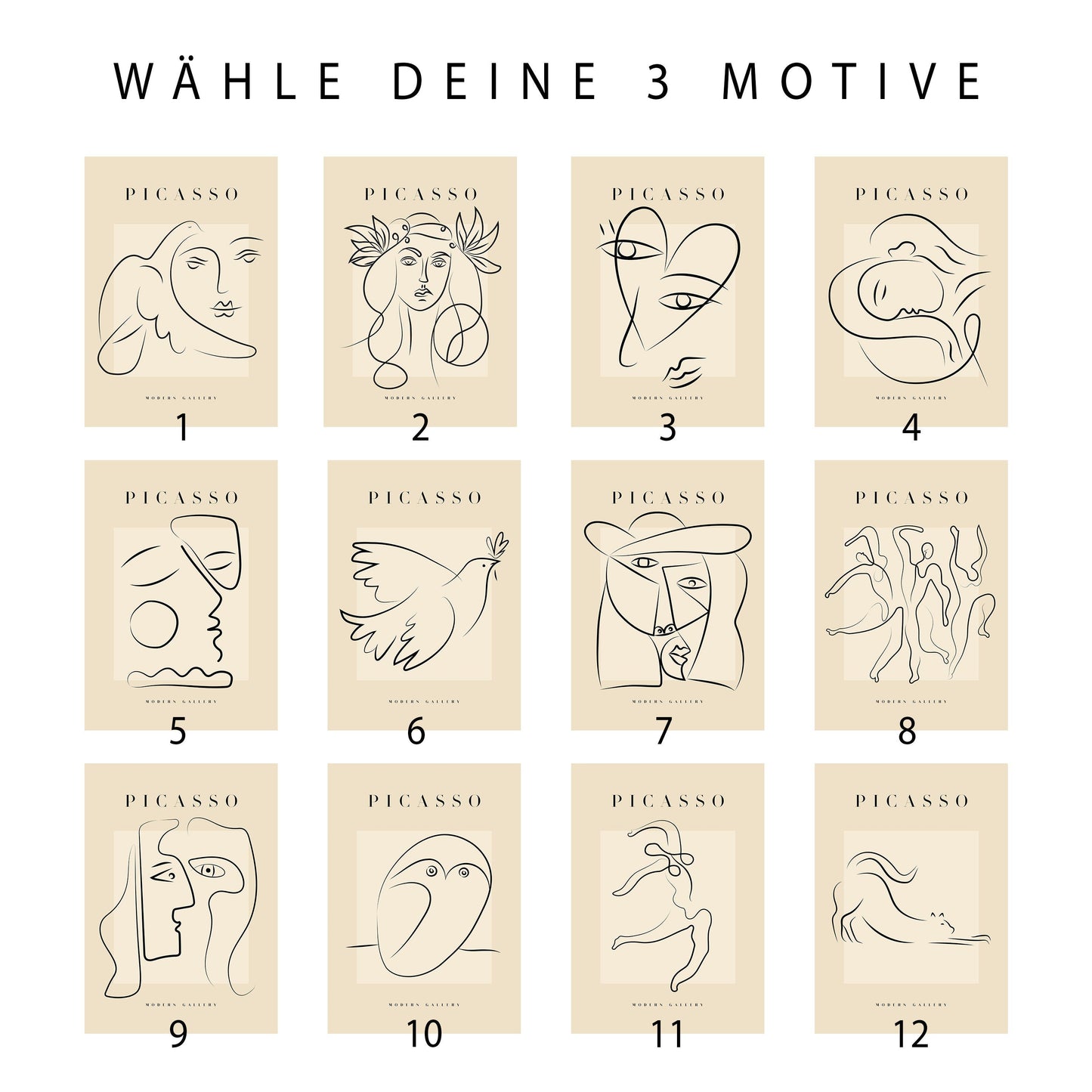 Picasso Poster Set 3 Frei Wählbare Bilder Wohnzimmer Deko Print Beige